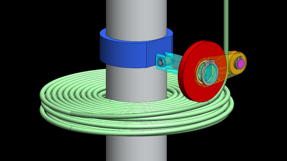 Figure 1: This component is a level wind for the system. It held a tether (green, 20 km worth) and spooled it out one layer at a time, each layer alternating spiraling inward and outward. The mechanical components rotated about the threaded central pillar and the tether would go up along the red pulley as it traveled along the length of the cyan shaft.